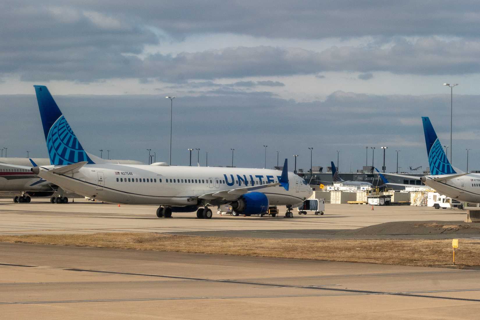 United Airlines Boeing 737 Max 9 jet N77558 grounded on the tarmac at Washington DC's Dulles International Airport - IAD