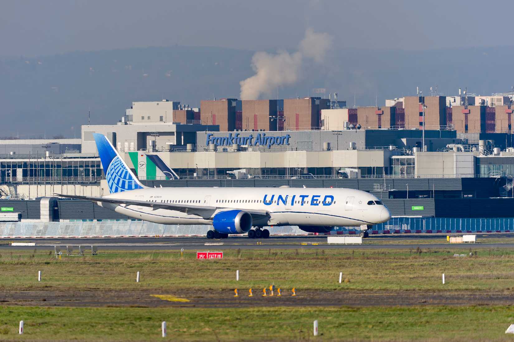 United Airlines passenger airplane Boeing 787-9 Dreamliner taxiing at German Frankfurt Airport.