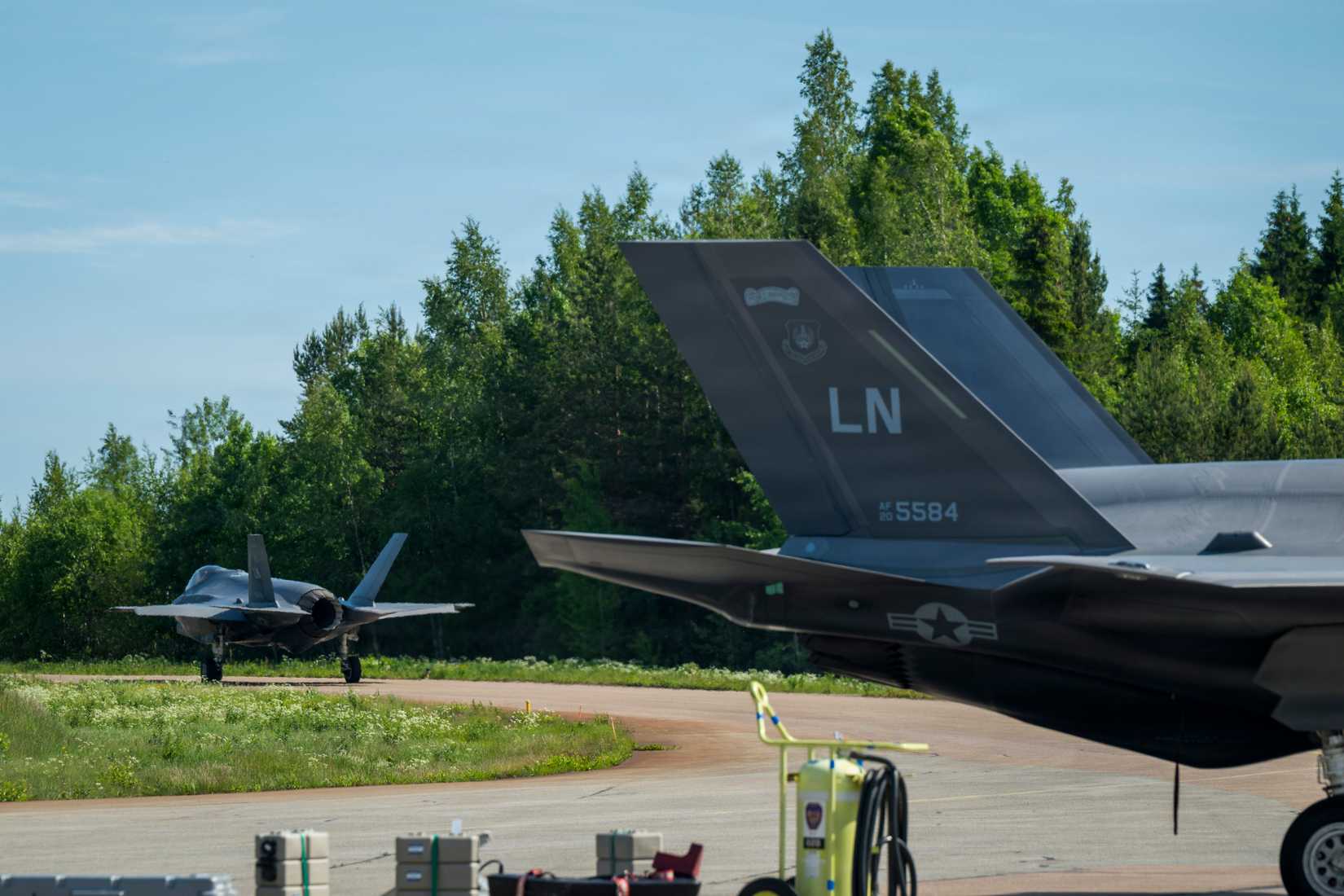 US Air Force F-35A Lightning II aircraft assigned to the 493rd Fighter Squadron taxis on the runway during Ramstein Flag 26 at Pirkkala Air Base, Finland, June 8, 2026.