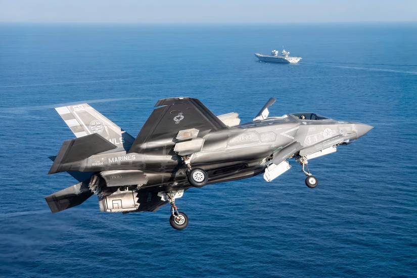 An F-35B is seen, in what appears to be an approach in preparation to land.
