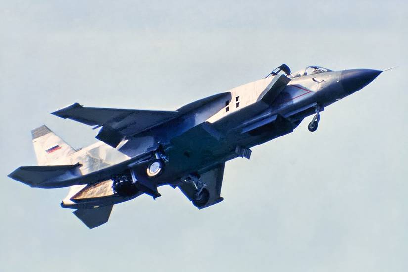 A photo of a Yak-141 entering vertical flight. 