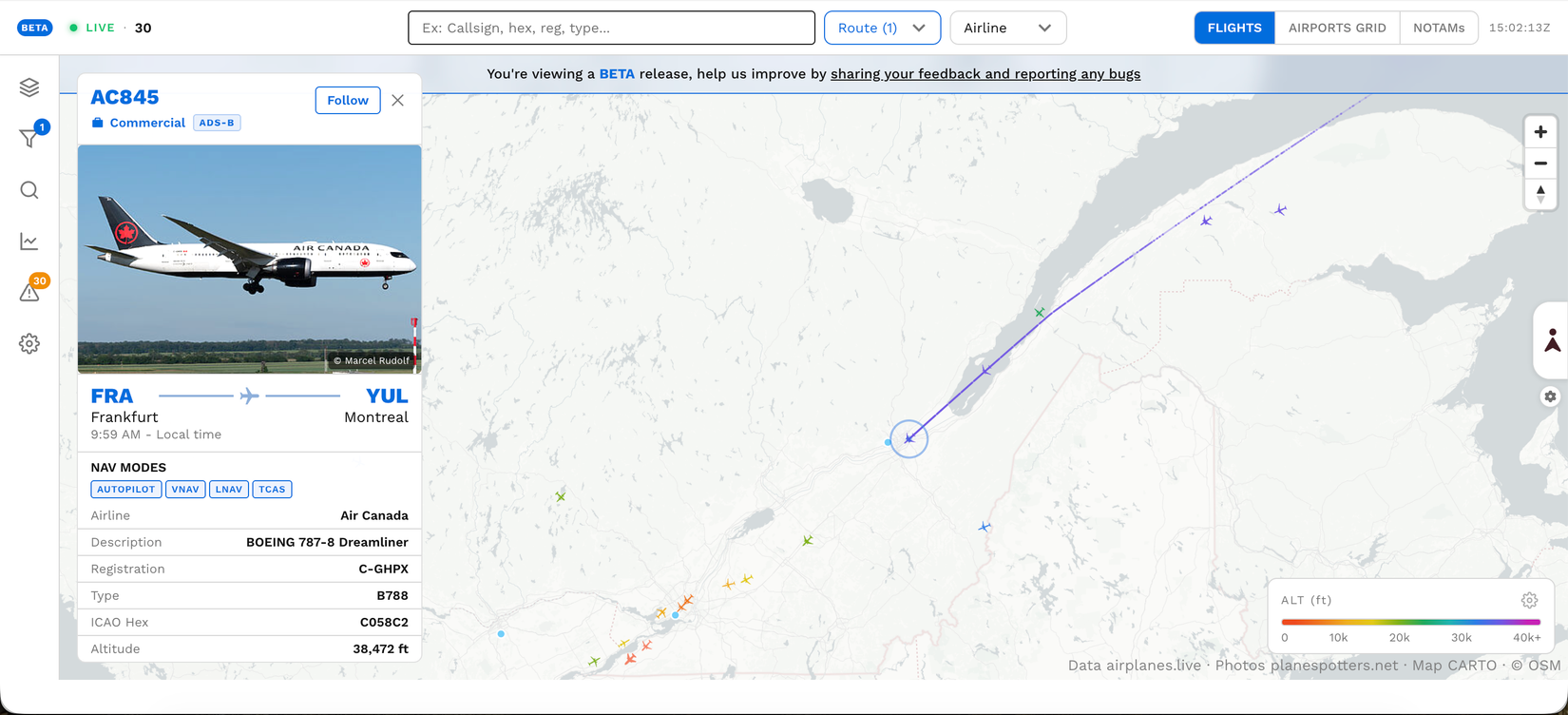 A digital screenshot of a flight tracking map interface showing the active route of Air Canada flight AC845 from Frankfurt (FRA) to Montreal (YUL). On the left, a detailed information panel features a photo of an Air Canada Boeing 787-8 Dreamliner and data including registration C-GHPX and an altitude of 38,472 feet, while the right side displays the aircraft's purple flight path tracking across a geographical map.