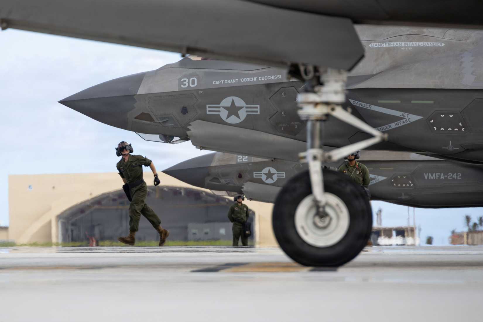 1st Marine Aircraft Wing inspect F-35B Lightning II aircraft before flight in support of VALIANT SHIELD 2026 at Andersen Air Force Base, Guam, June 29, 2026