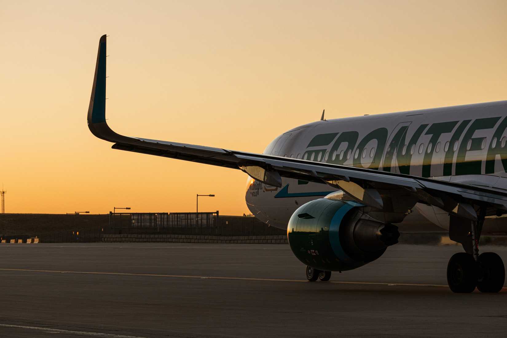 Frontier Airlines A320 at sunset