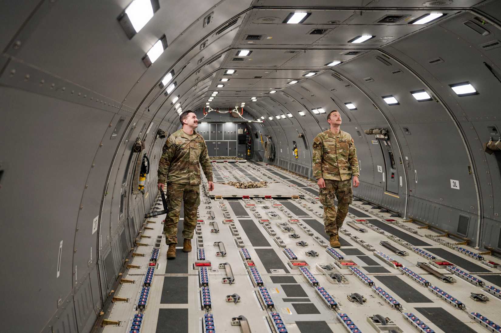 57th Aircraft Maintenance Squadron, conduct an interior inspection of a KC-46A Pegasus prior to takeoff at Pease Air National Guard Base