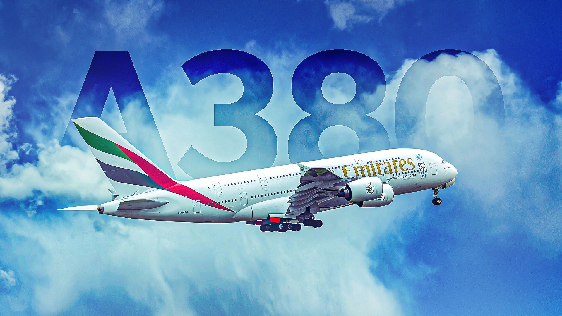 Emirates Airbus A380 flying across cloudy skies