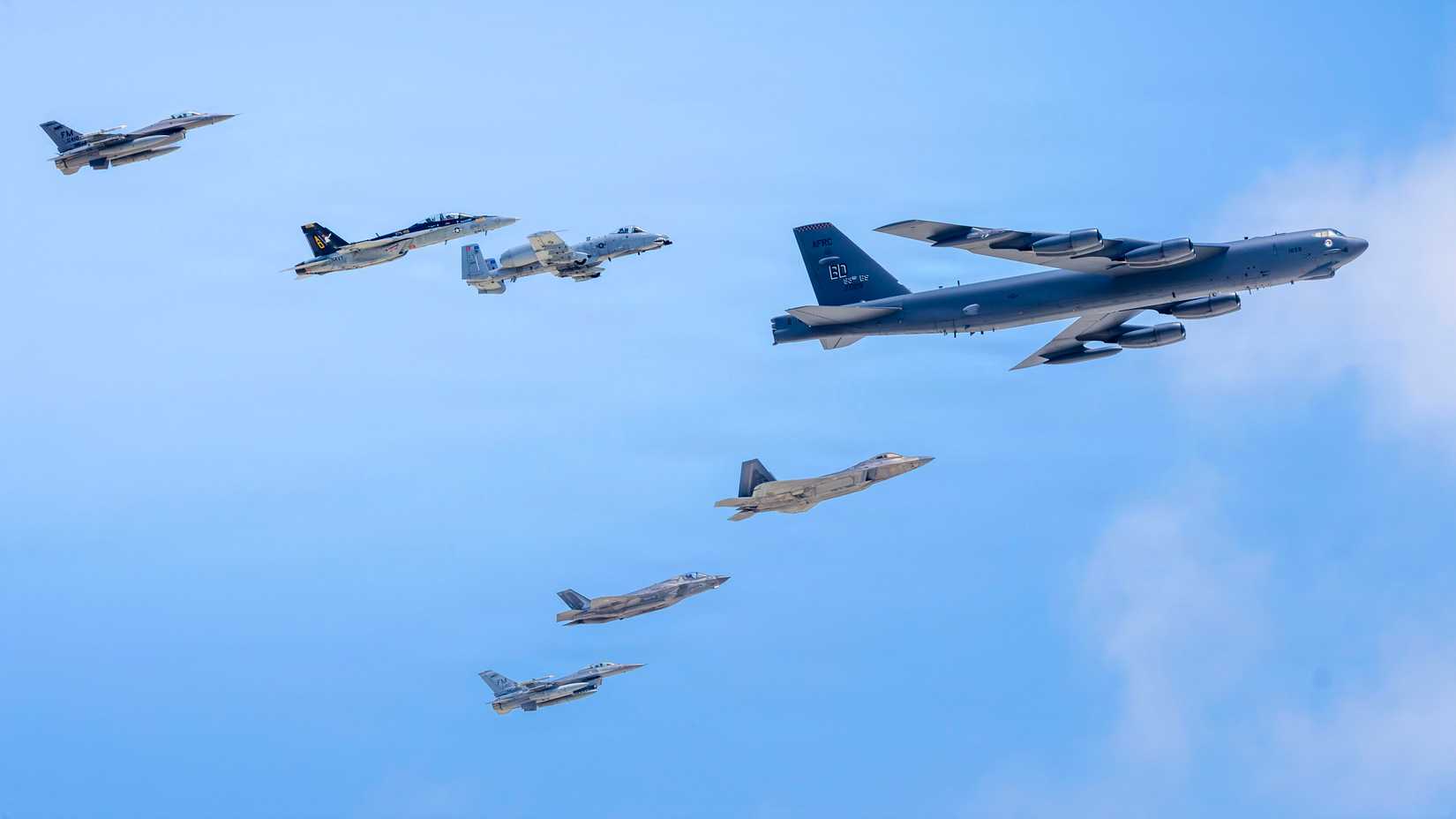 A B-52 Stratofortress leads a formation of a B-1 Lancer, A-10 Warthog, F-16 Fighting Falcon, F-18 Hornet, F-22 Raptor and F-35 Lightning, assigned to Air Combat Command and Global Strike Command