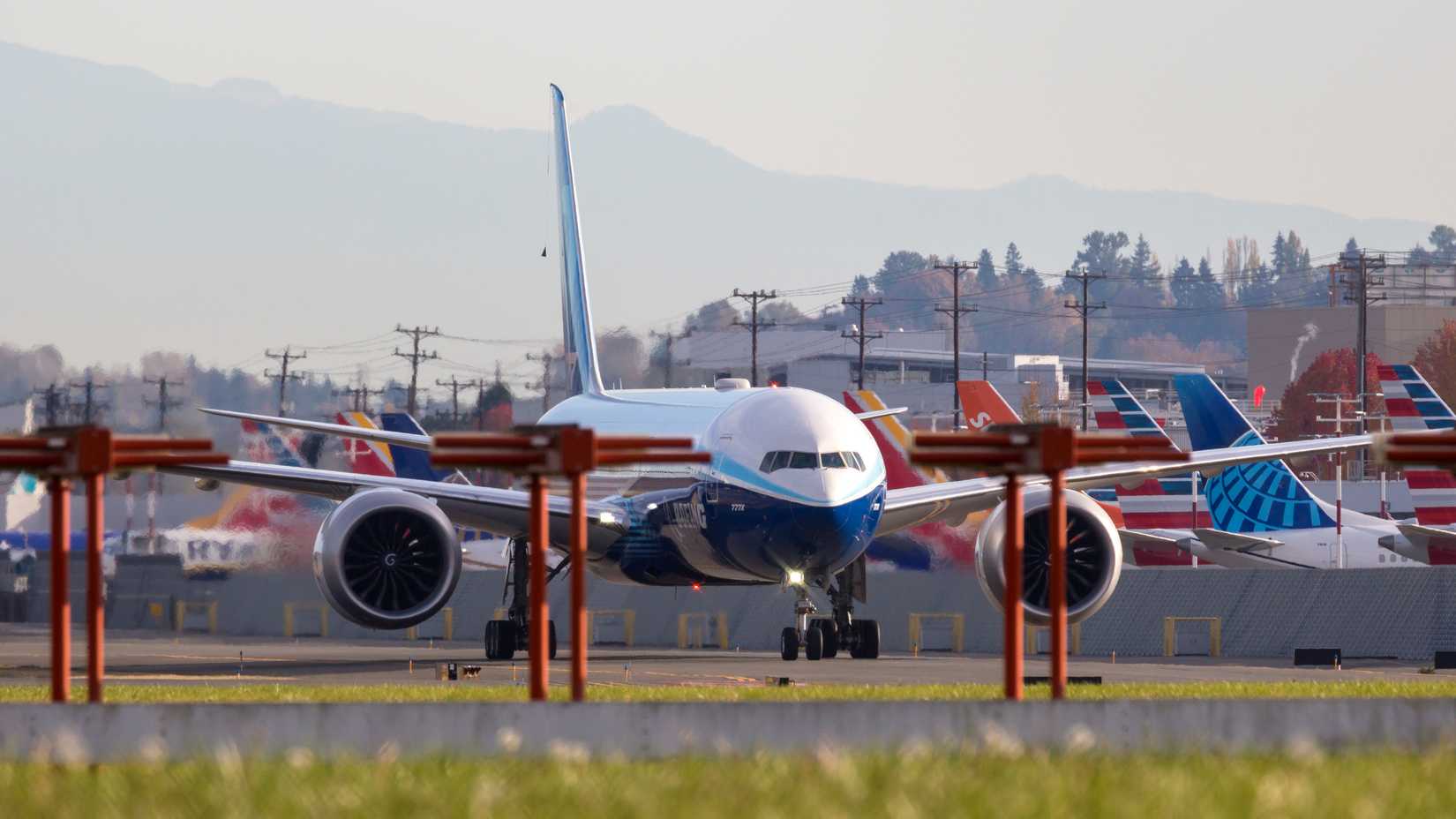 A Boeing 777X arrives at King County International Airport, also known as Boeing Field