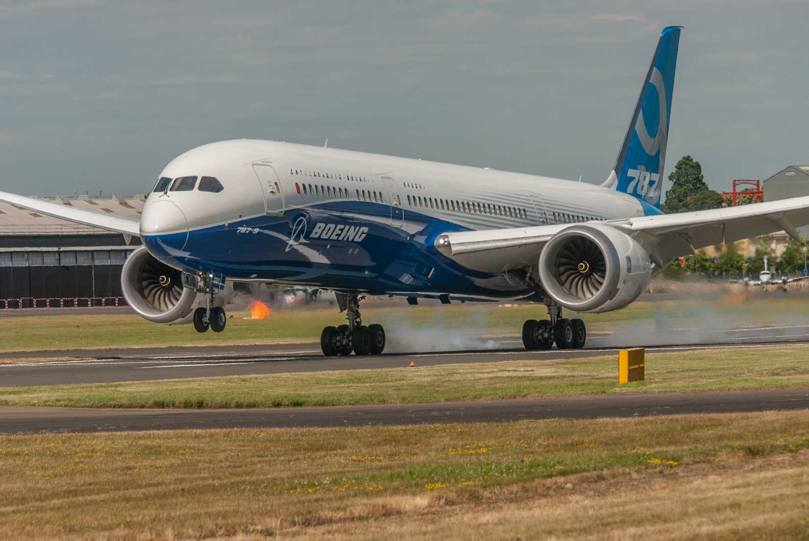 A Boeing 787 landing with smoke coming off the wheels