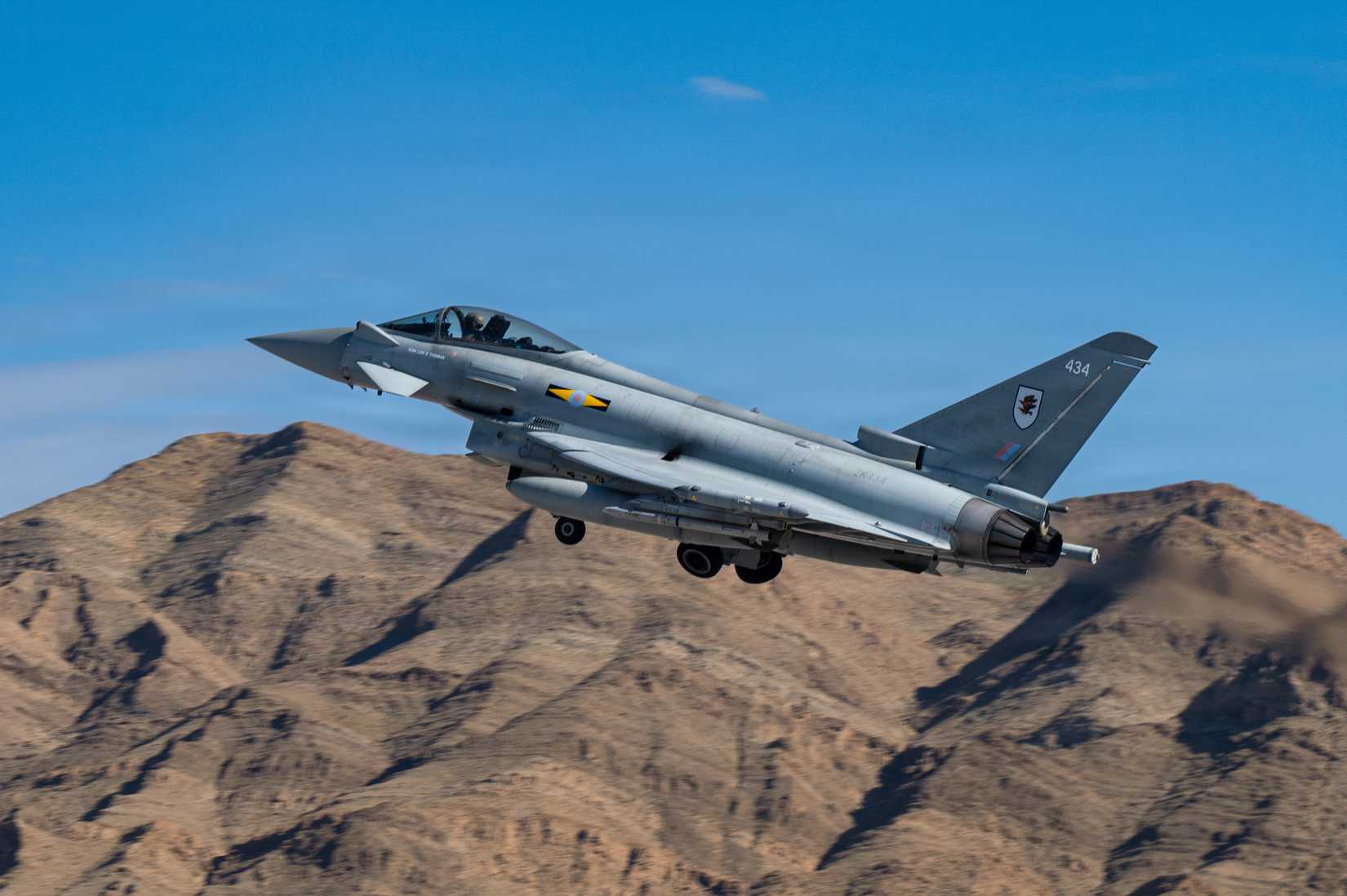 A British Royal Air Force Eurofighter Typhoon takes off for a mission during Red Flag-Nellis 26-1
