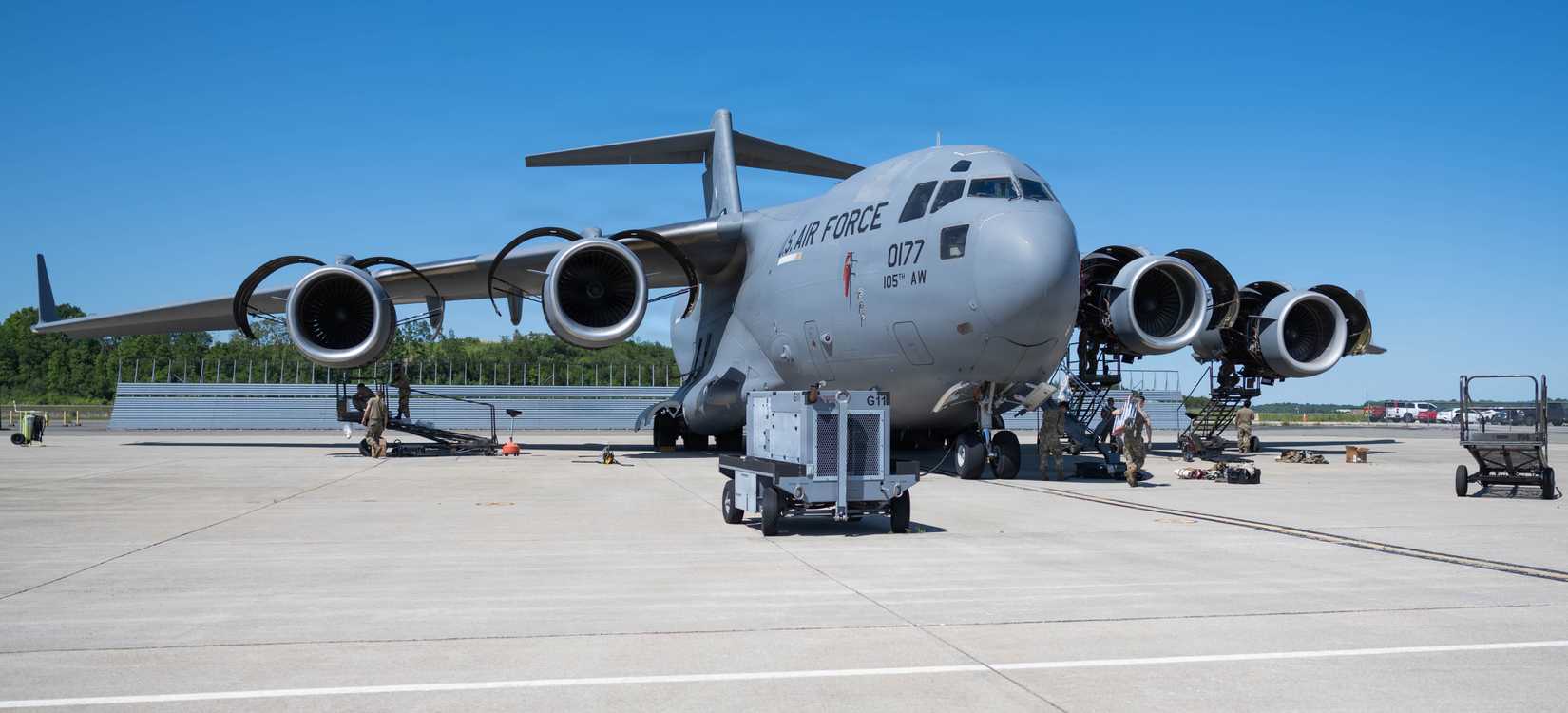 A C-17 Globemaster III sits on the flightline with its engines open at Stewart Air National Guard Base, New York, June 2, 2026
