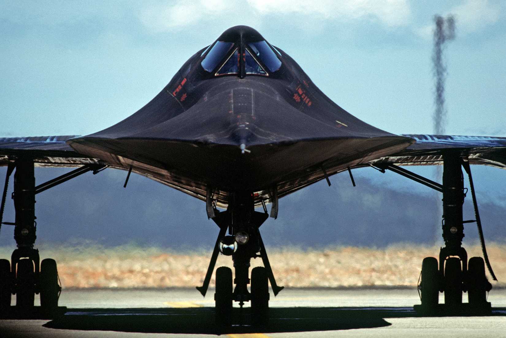 A head-on view of an SR-71A strategic reconnaissance aircraft ready for takeoff