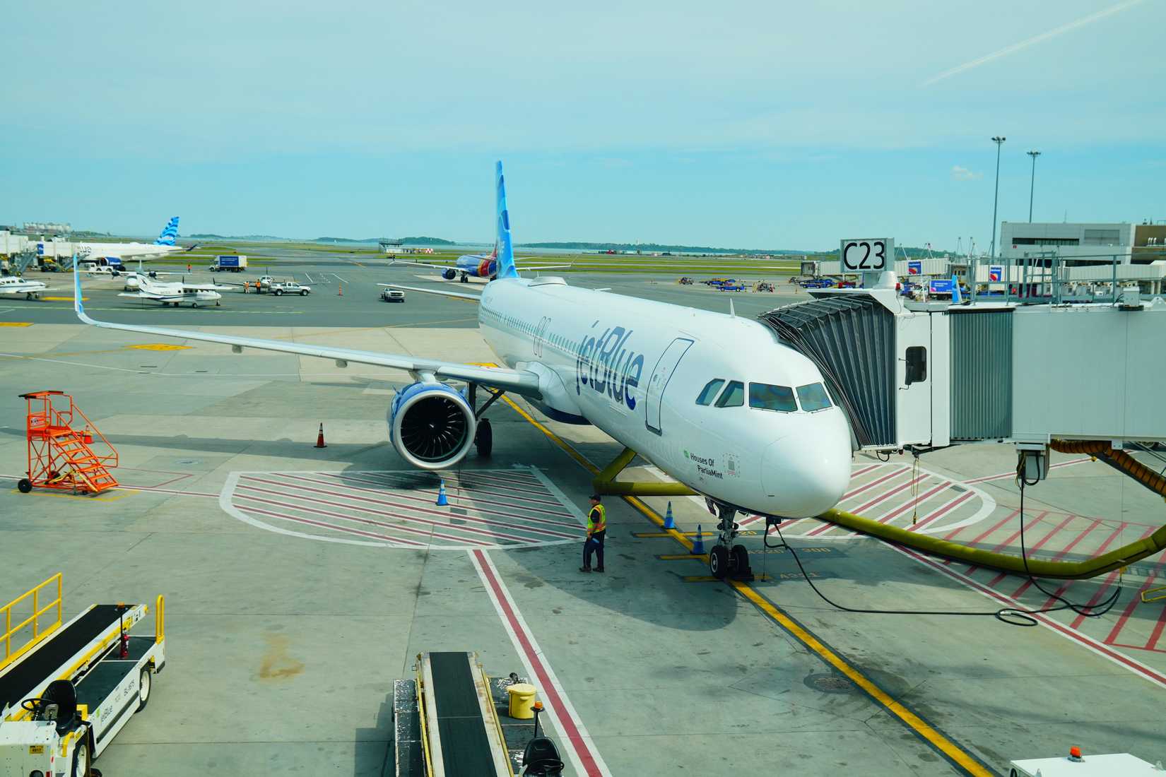 A JetBlue aircraft parked at Boston Logan