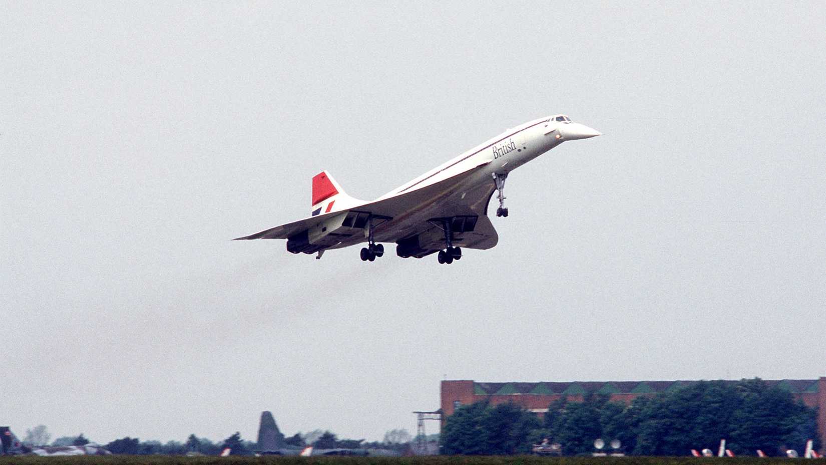 A right front view of a Concorde aircraft making a low pass during Air Fete '84