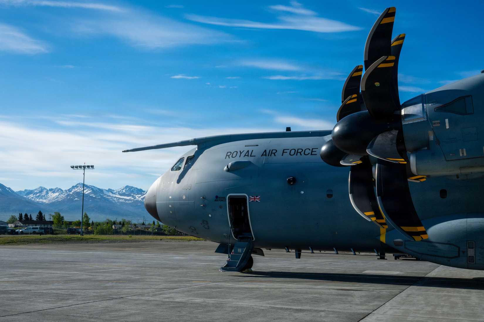 A Royal Air Force Airbus A400M Atlas aircraft assigned to No. 70 Squadron sits on the flight line during RED FLAG-Alaska 26-2