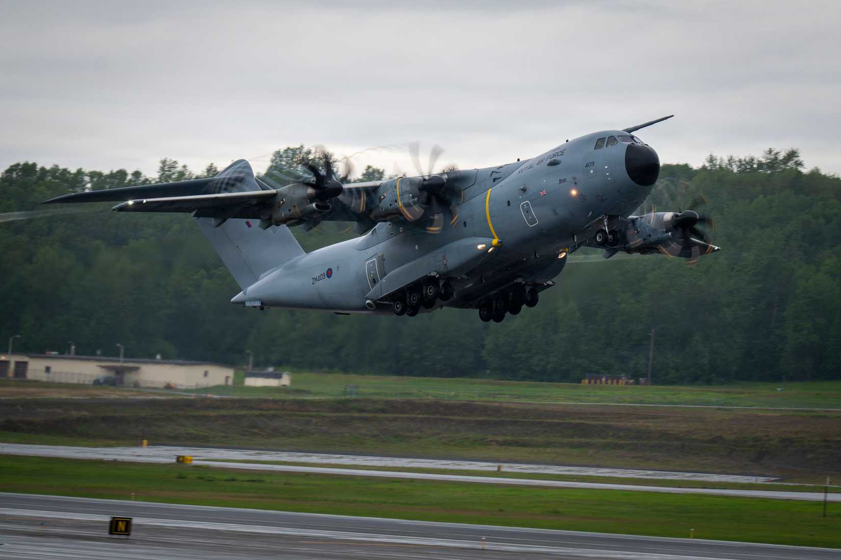 A Royal Air Force Airbus A400M Atlas aircraft assigned to No. 70 Squadron takes off during RED FLAG-Alaska 26-2-2
