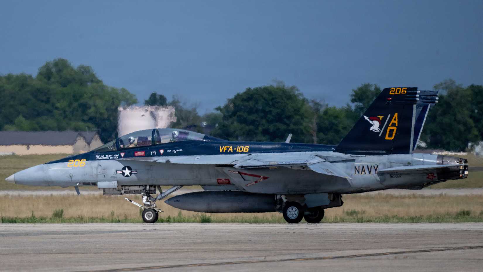 A U.S. Navy F-18 F⁄A Super Hornet assigned to the East Coast Rhino Demonstration Team taxis before takeoff at Joint Base Andrews, Maryland