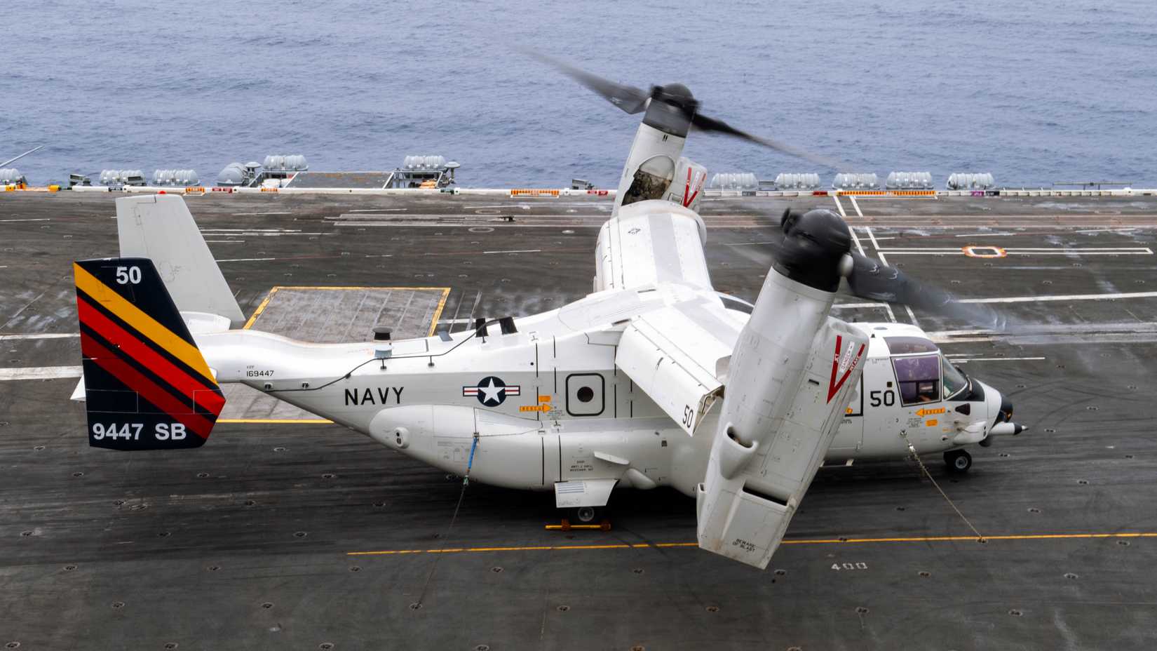A V-22 Osprey, assigned to the “Sunhawks” of Fleet Logistics Multi-Mission Squadron (VRM) 50