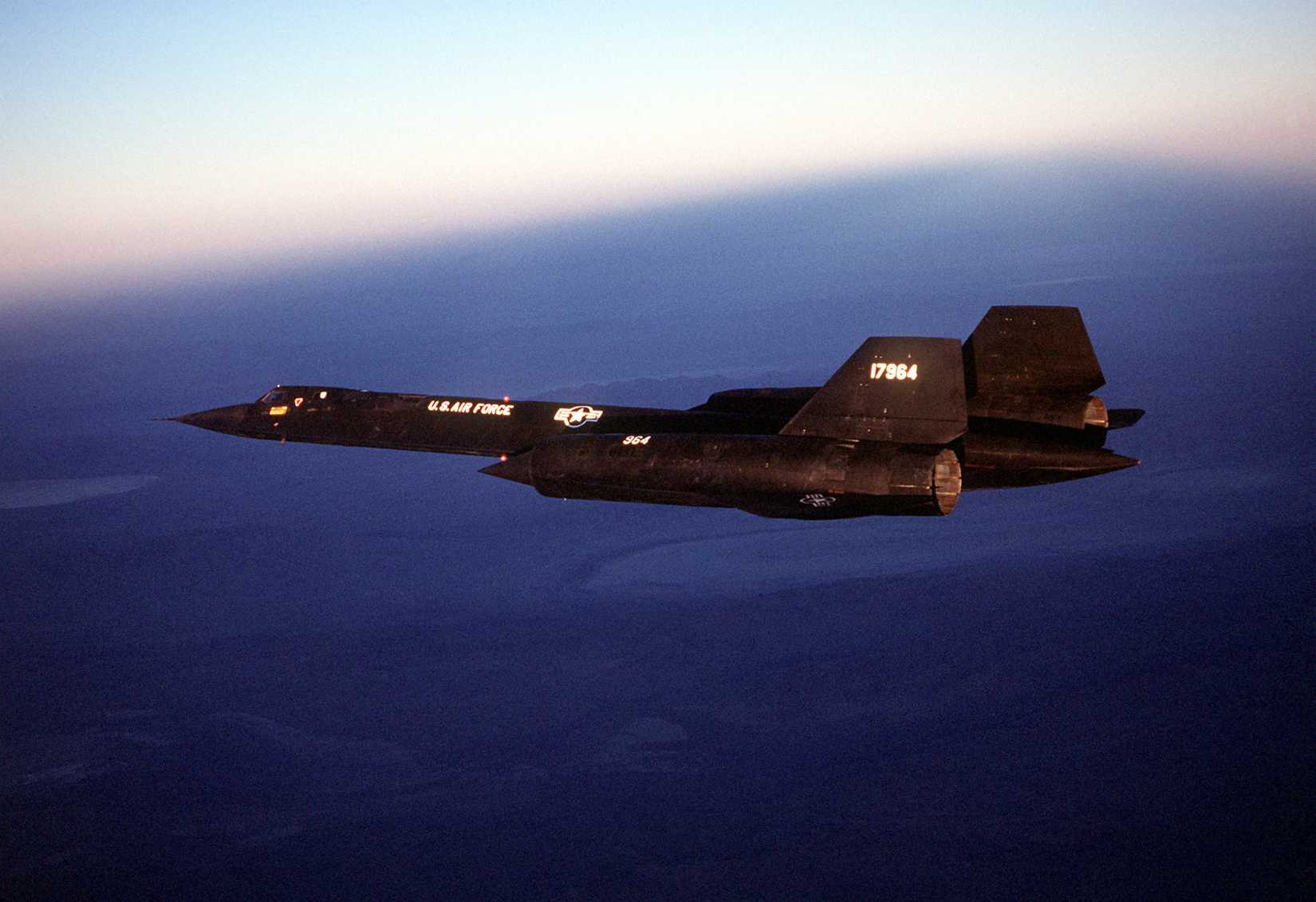 A view of an SR-71 Blackbird aircraft in flight. The aircraft, from the 9th Strategic Reconnaissance Wing, will be refueled by a KC-10 Extender aircraft during testing