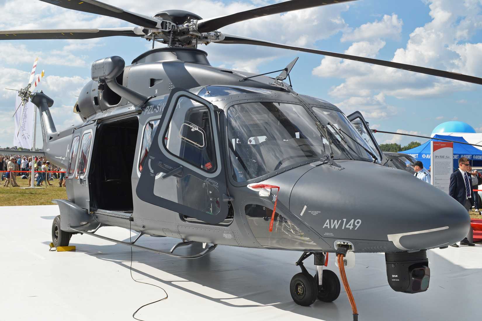 The AW149 first flew in 2009 and is competing against the S-70i Blackhawk and the Eurocopter EC725 for a Polish military contract for up to 70 helicopters. If successful, it would be manufactured by PZL-Swidnik. c/n currently unknown. On static display at the 2013 Airshow at Radom Airbase, Poland.