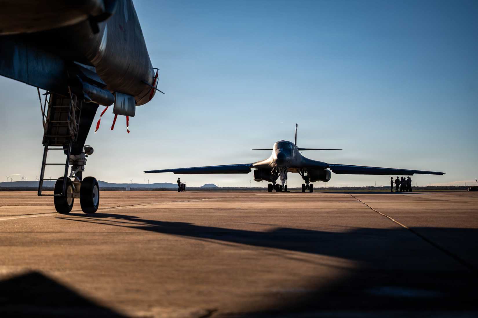Air Force B-1B Lancer aircraft assigned to the 7th Bomb Wing is parked on the flightline at Dyess Air Force Base, Texas