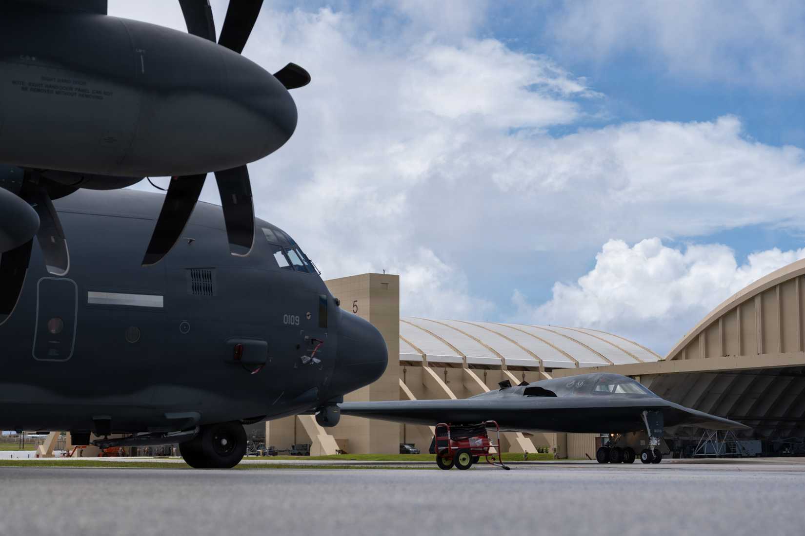 Air Force B-2 Spirit aircraft taxis on the flight line at Andersen Air Force Base, Guam in support of Valiant Shield, June 27, 2026