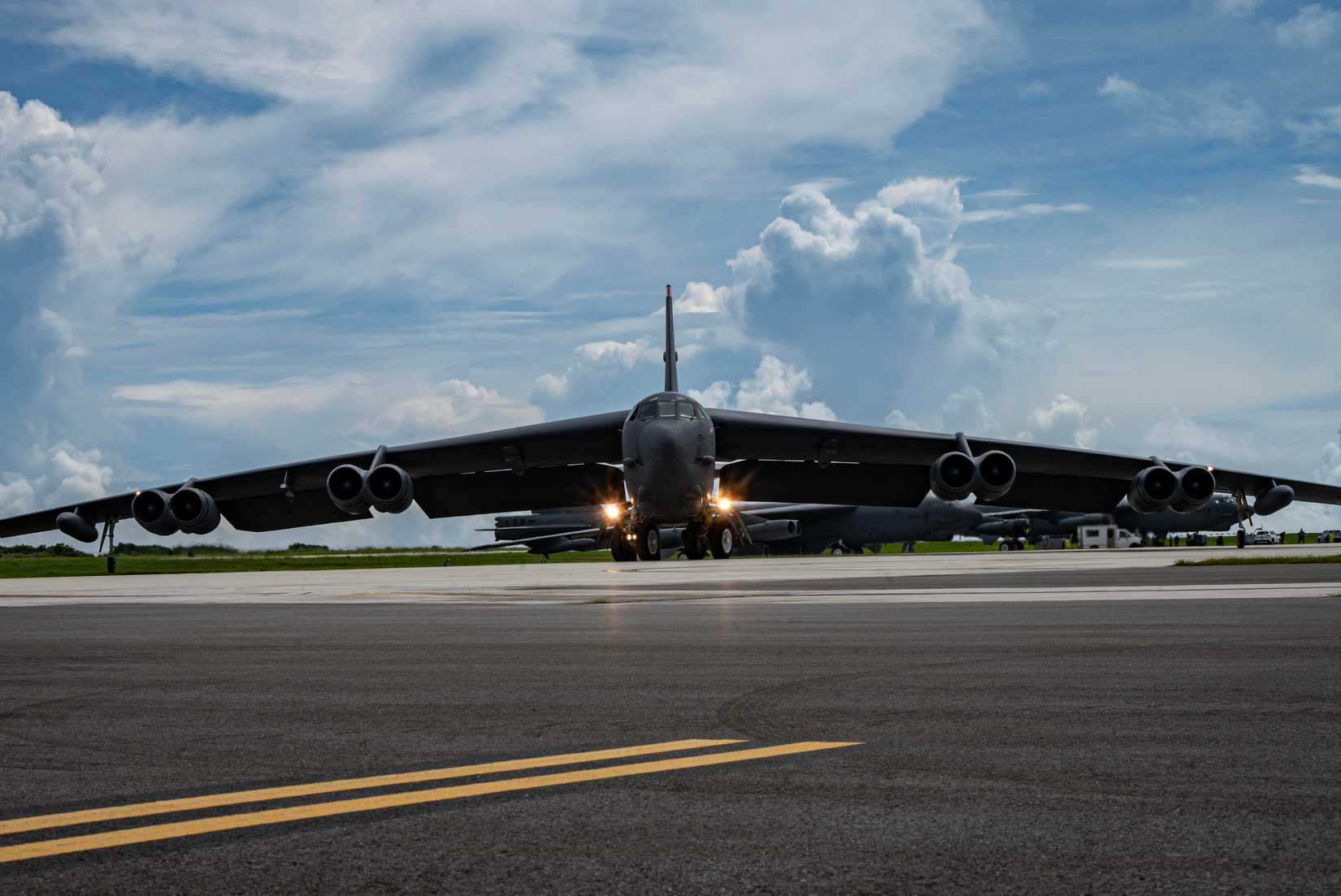 Air Force B-52H Stratofortress taxis on the flight line in support of a Bomber Task Force mission at Andersen Air Force Base, Guam, July 22, 2025.