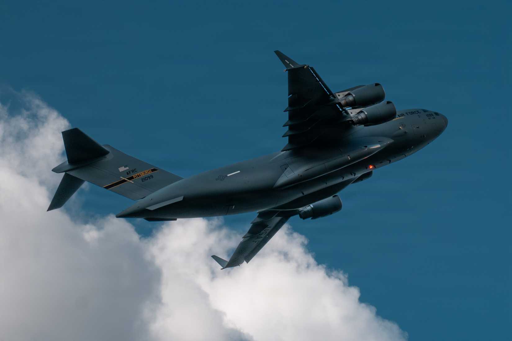  Air Force C-17 Globemaster III aircraft assigned to 911th Airlift Wing at Pittsburgh Air Reserve Station flies over Ramstein Air Base, Germany