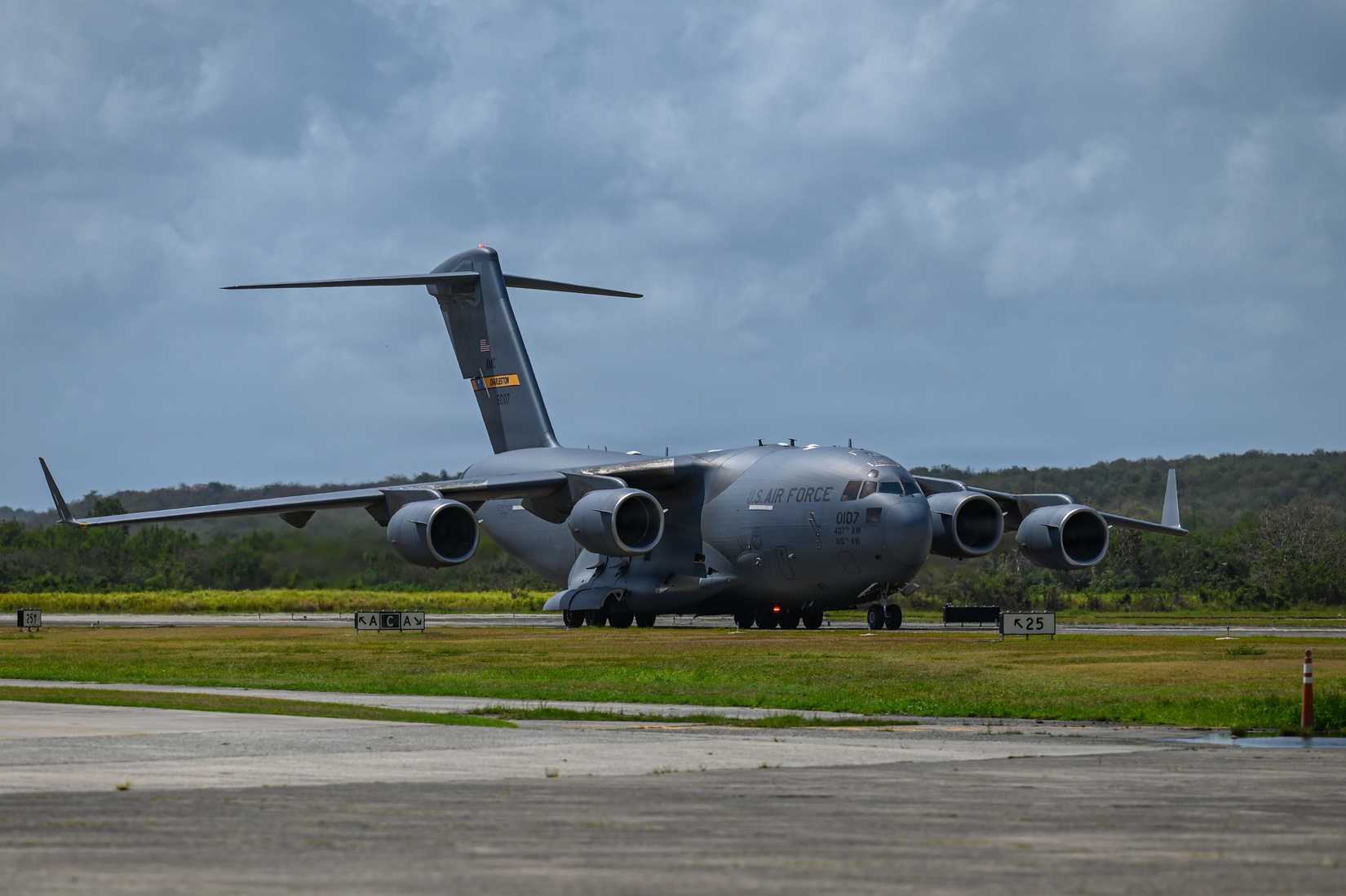 Air Force C-17 Globemaster III assigned to the 437th Airlift Wing, Joint Base Charleston, taxis on the flight line at Jose Aponte De La Torre Airport in Ceiba, Puerto Rico