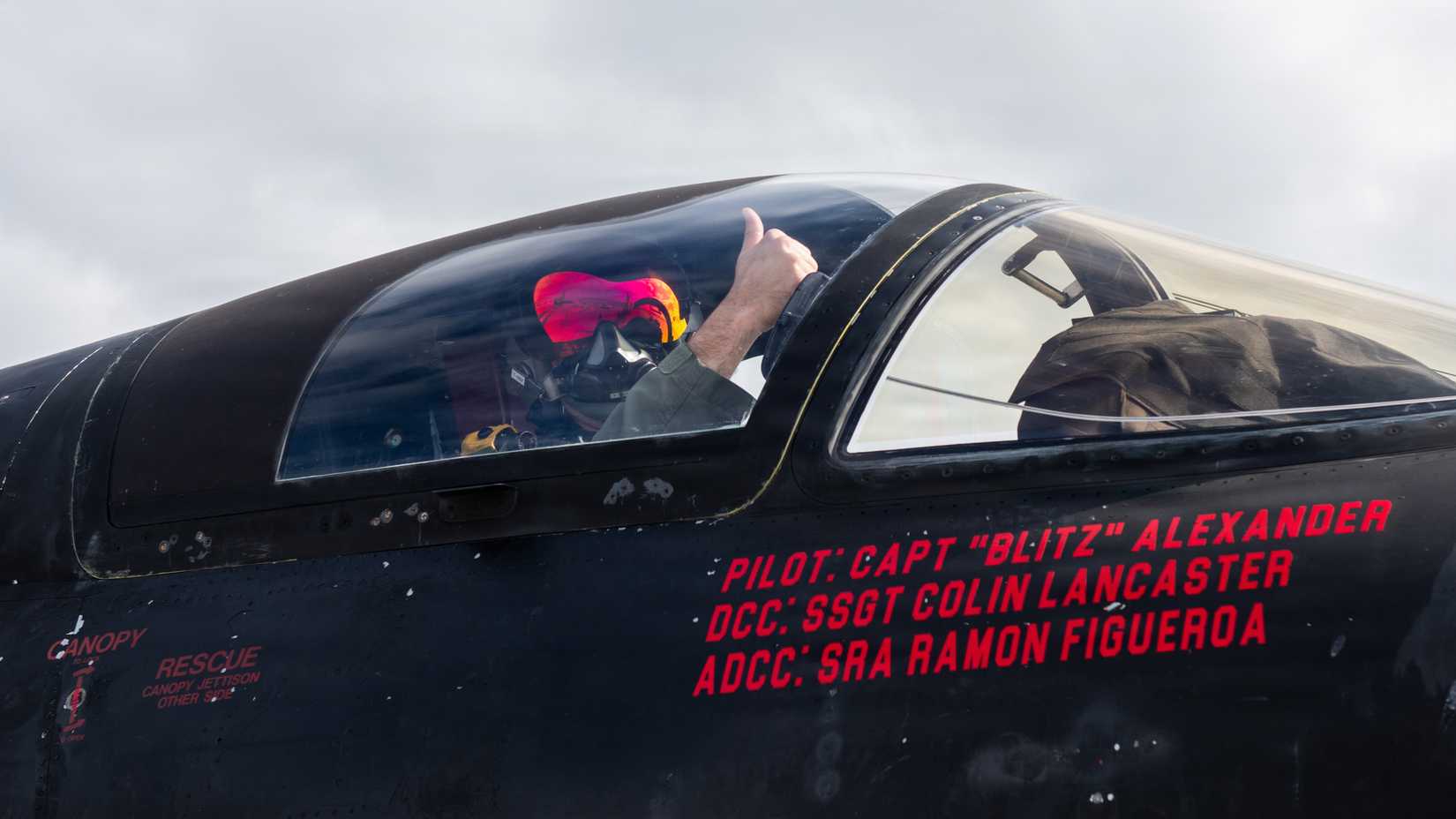 Air Force Capt. “Blitz” Alexander, 99th Reconnaissance Squadron U-2 Dragon Lady pilot, gives a thumbs up from the cockpit of a U-2 Dragon Lady at Travis Air Force Base