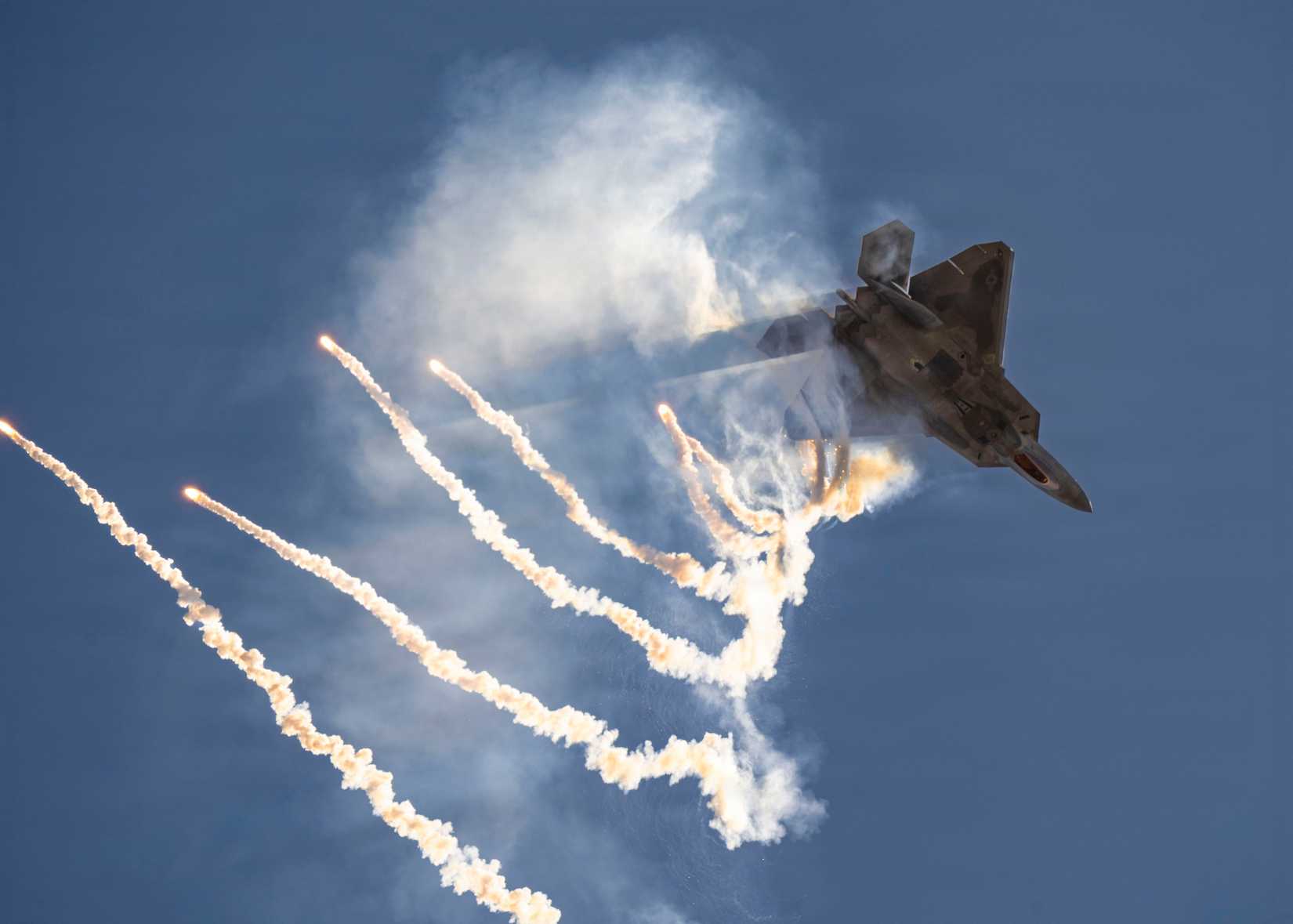 Air Force Capt. Nick “Laz” Le Tourneau, F-22 Raptor Aerial Demonstration Team pilot and commander, maneuvers his F-22A Raptor while performing at The Great Texas Airshow