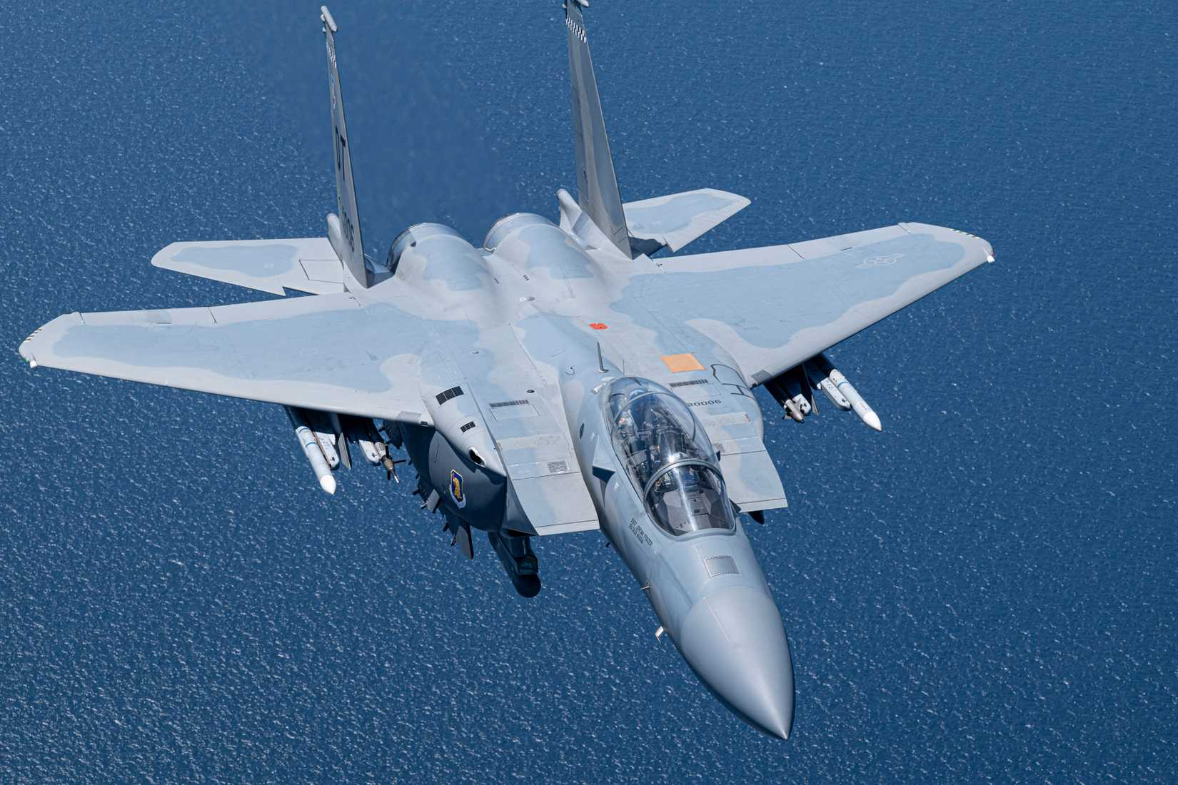 Air Force F-15EX Eagle II flies over the Gulf of America, September 16, 2025. The F-15EX, from the 40th Flight Test Squadron at Eglin Air Force Base