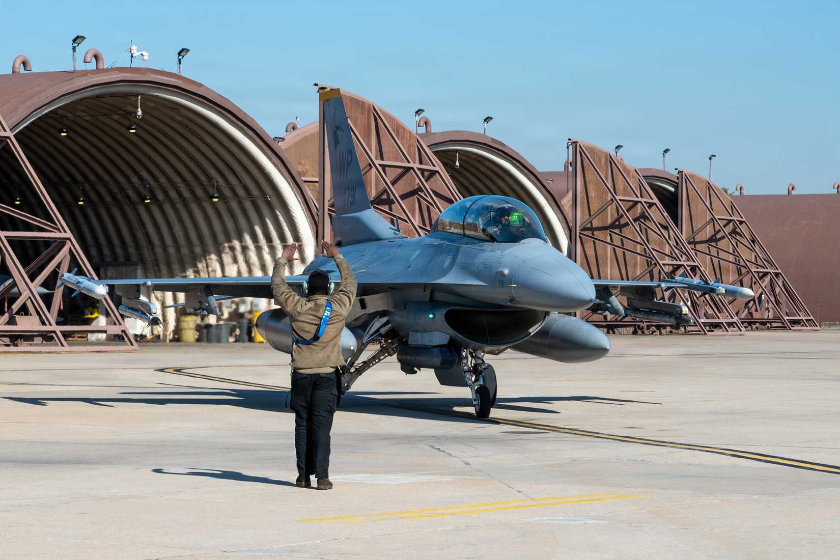 Air Force F-16 Fighting Falcon assigned to the 35th Fighter Squadron after arriving at Osan Air Base, Republic of Korea, Nov. 21, 2025.
