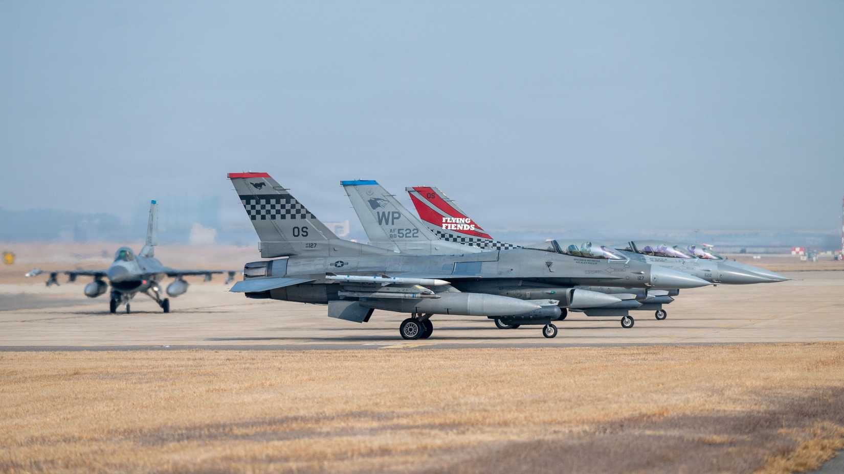 Air Force F-16 Fighting Falcons prepare for takeoff during exercise Freedom Shield 26 at Osan Air Base, Republic of Korea, March 11, 2026.