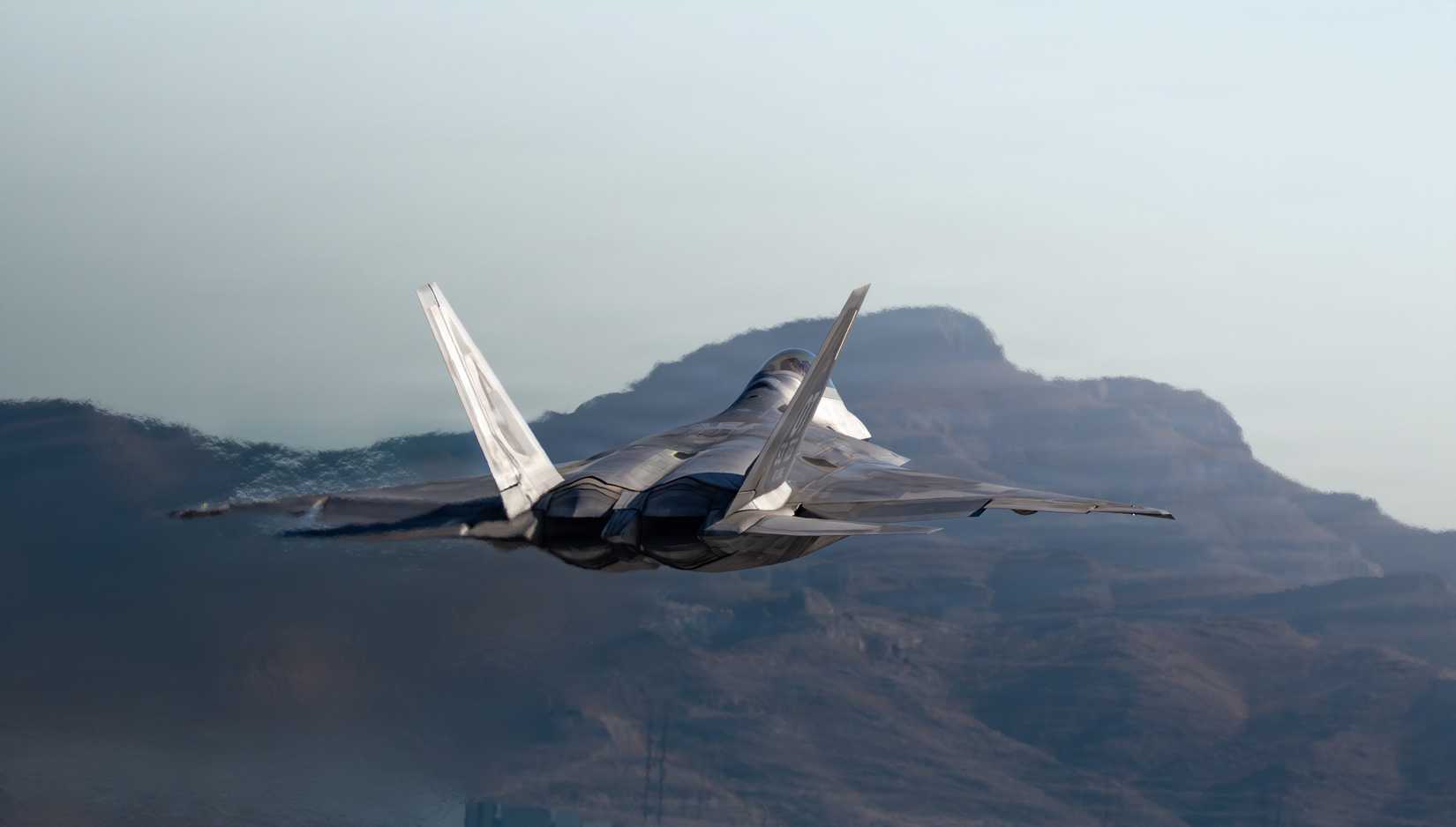 Air Force F-22A Raptor aircraft assigned to the 422nd Test and Evaluation Squadron takes off for a mission flight at Nellis Air Force Base