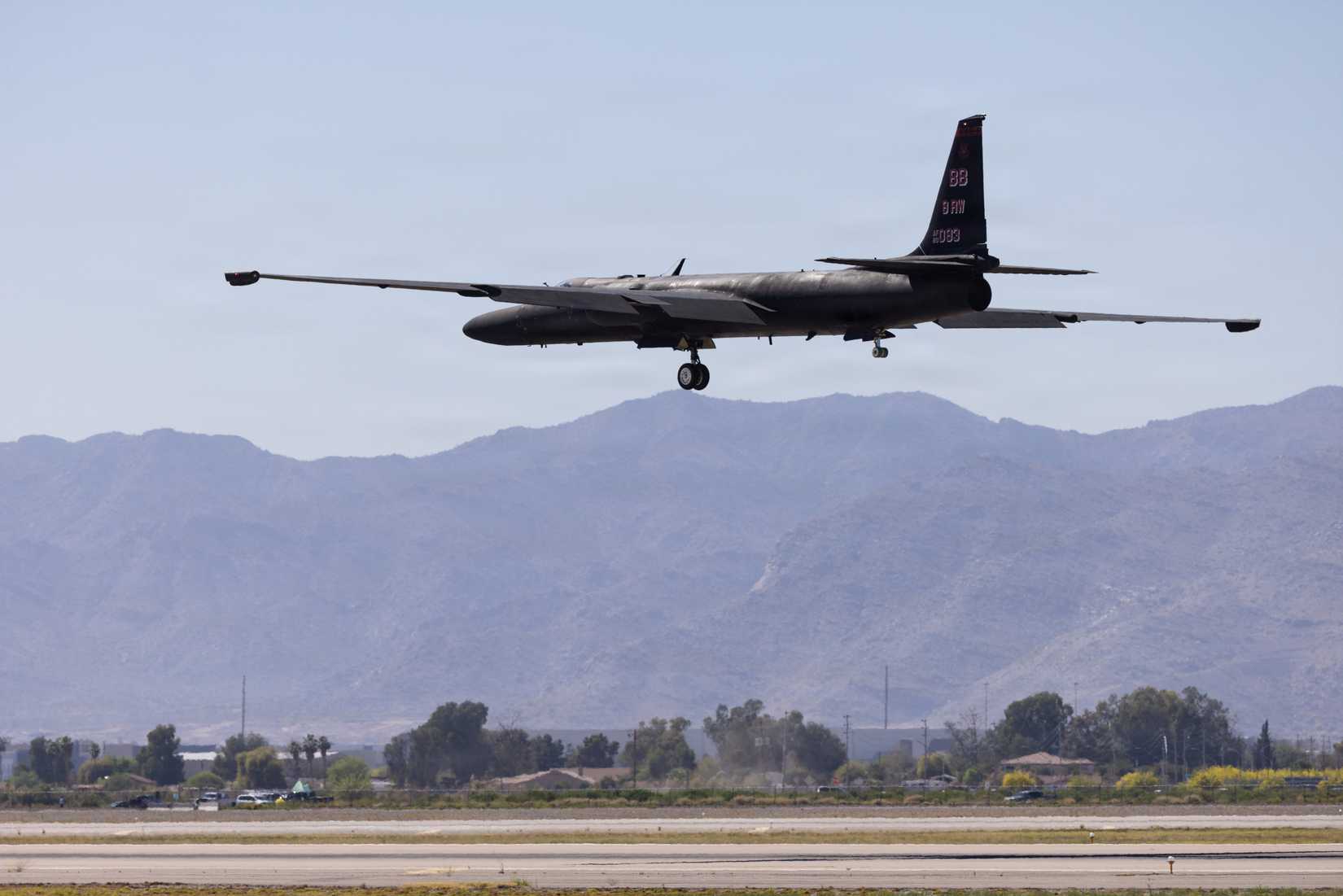 Air Force U-2 Dragon Lady of the 9th Reconnaissance Wing, Beale Air Force Base performs a flyby