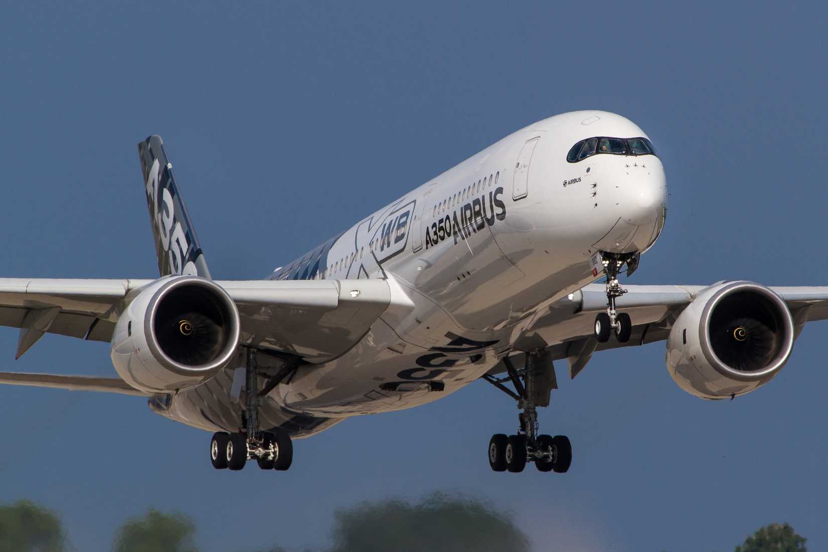 Airbus A350 long haul plane departing to a flight