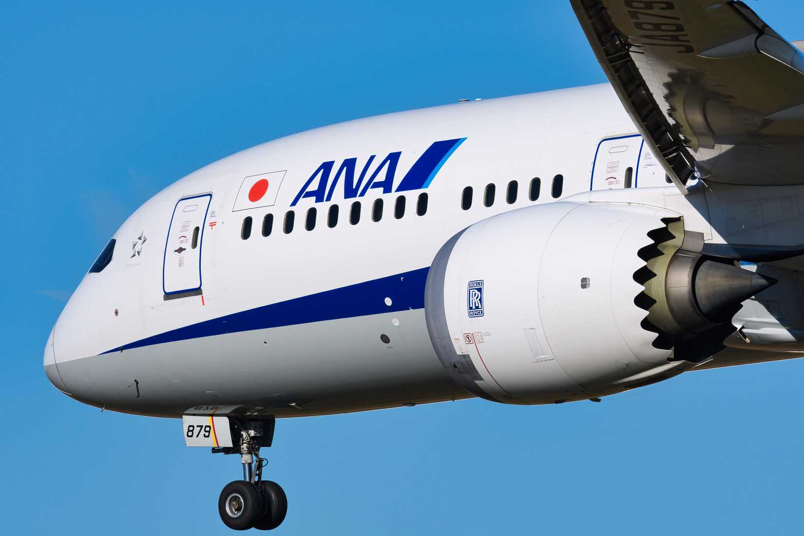 All Nippon Airways Boeing 787-9 Dreamliner engine and nose during final approach.