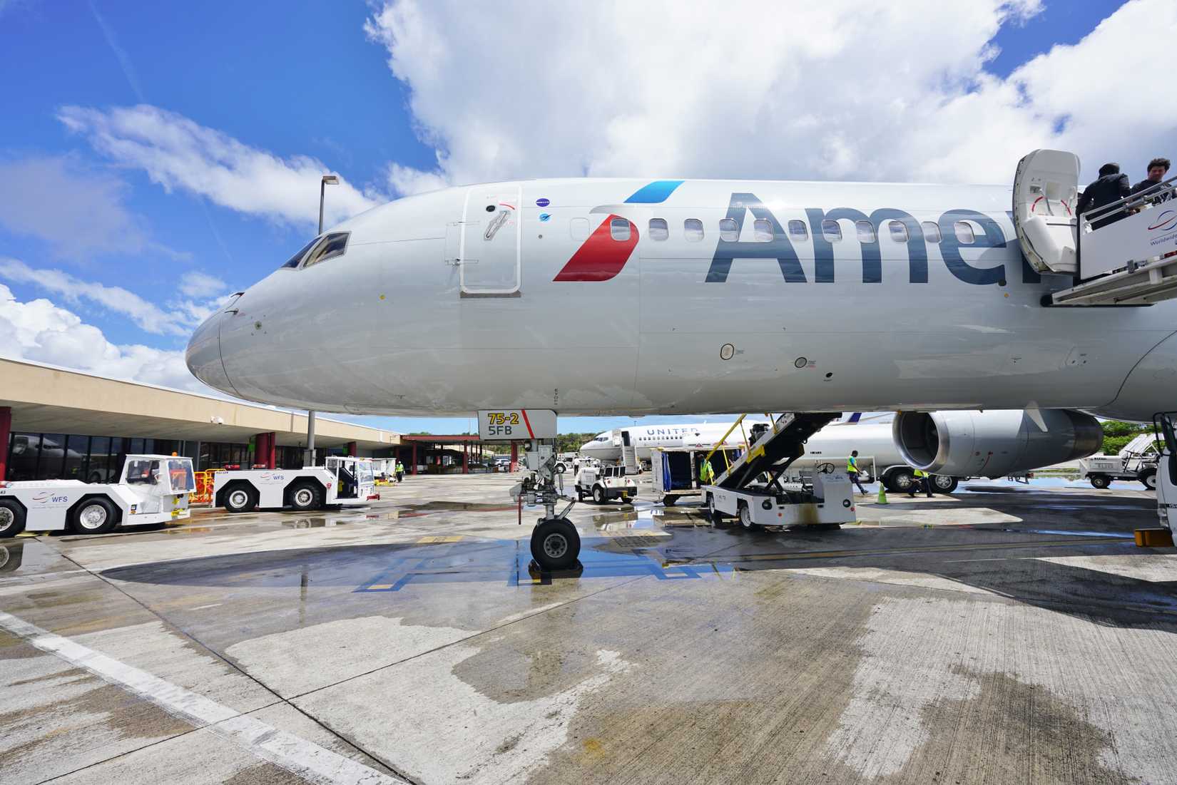 American Airlines (AA) jet at the Cyril E. King Airport (STT) located in Charlotte Amalie in the US Virgin Islands.%0A
