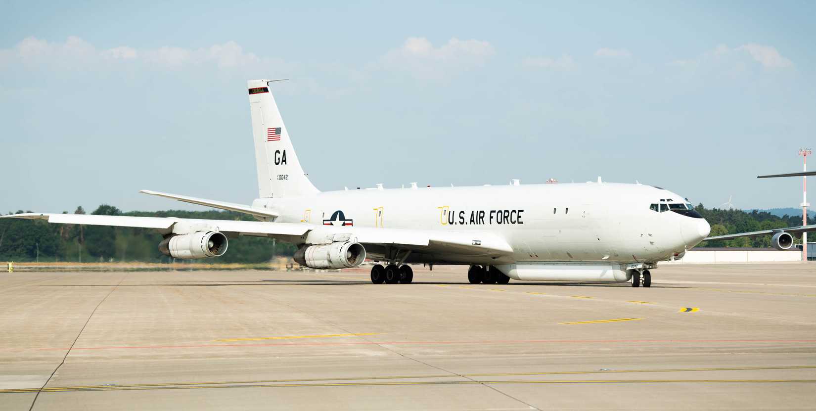 An E-8C Joint Surveillance Target Attack Radar System aircraft taxis at Ramstein Air Base, Germany, June 26, 2023