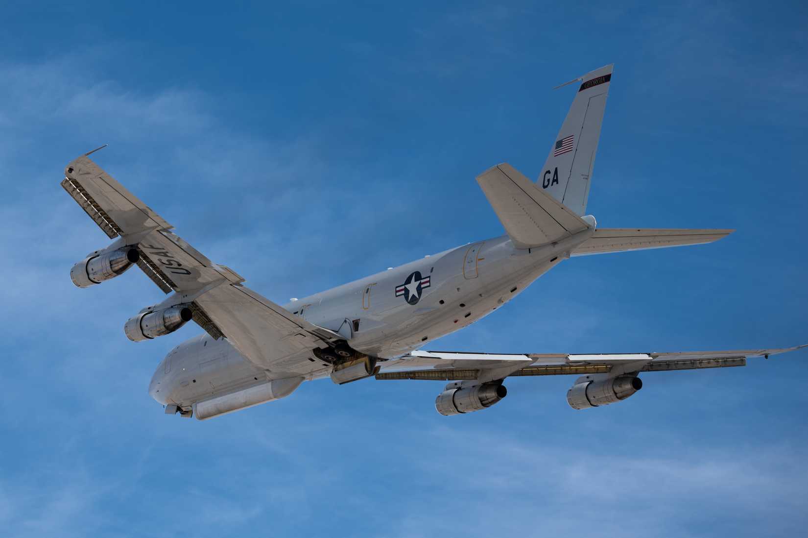 An E-8C Joint Surveillance Target Attack Radar System (JSTARS) aircraft takes off for a Weapons School Integration mission at Nellis Air Force Base, Nevada, Nov. 28, 2022