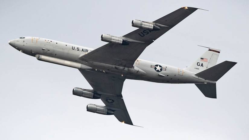 An E-8C Joint Surveillance Target Attack Radar System passes over the flightline before landing at Ramstein Air Base, Germany, June 22, 2022