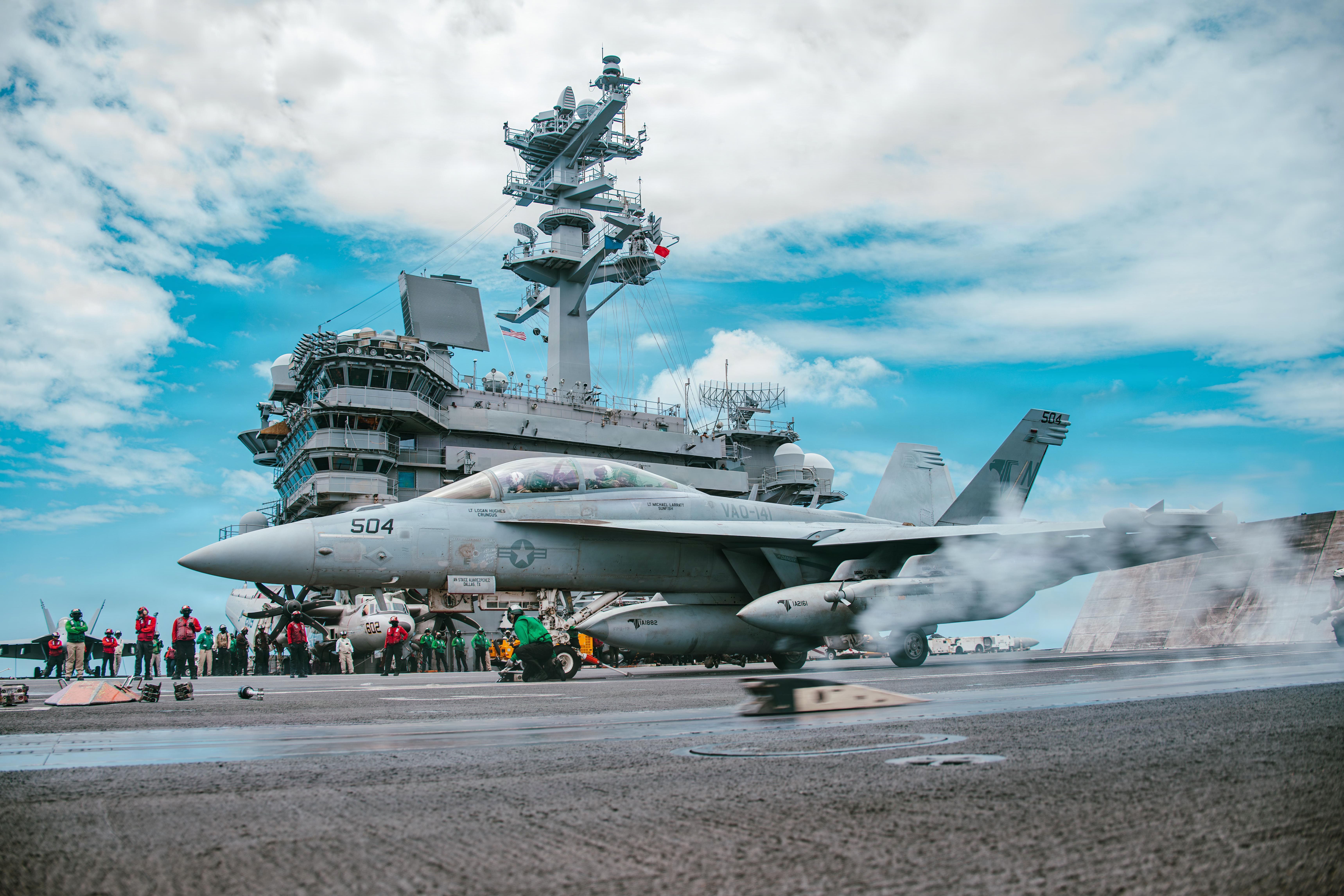 U.S. Navy EA-18G Growler preparing to launch from USS George Washington.