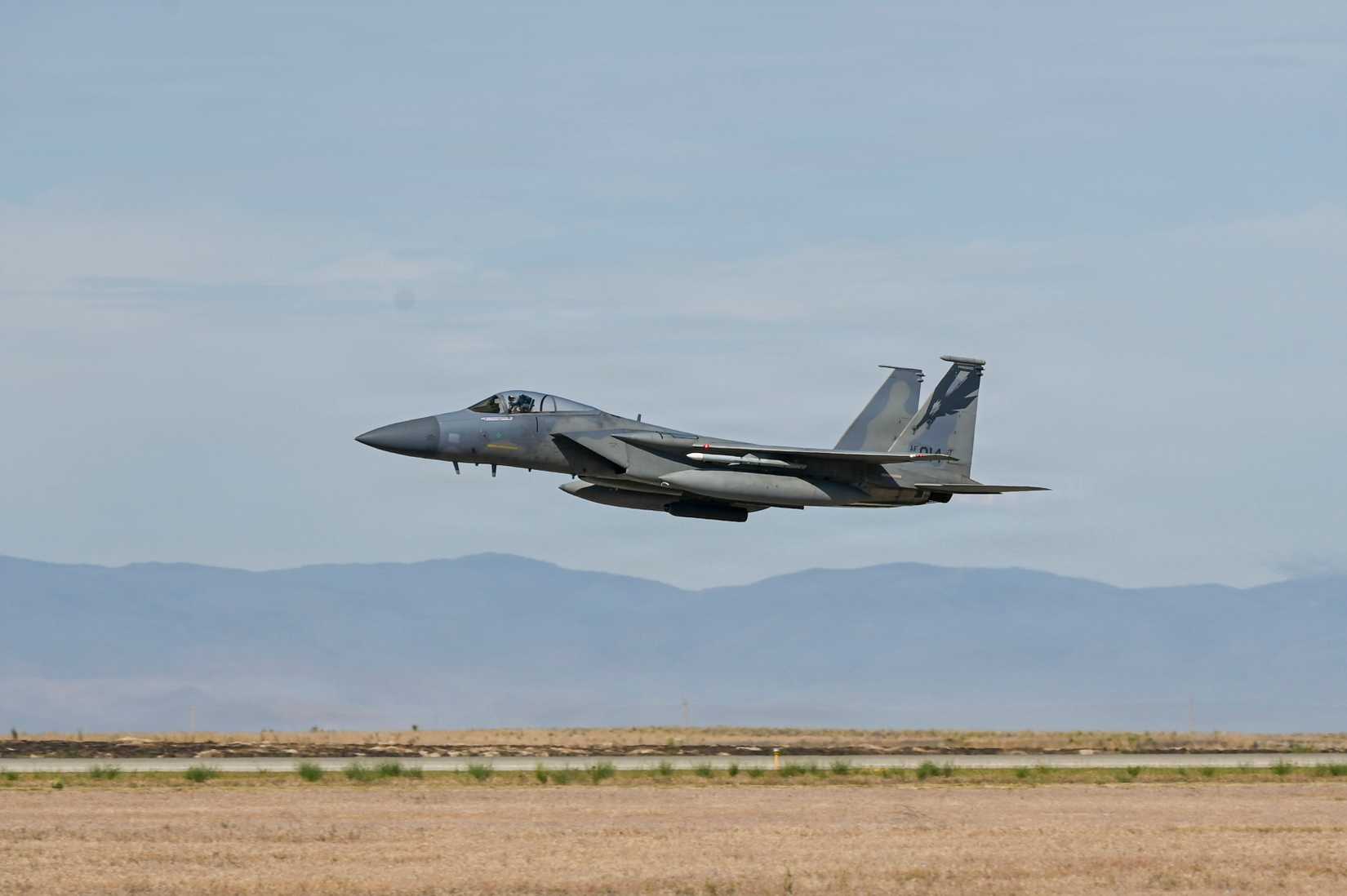 An F-15C Eagle assigned to the 144th Fighter Wing takes off from Mountain Home Air Force Base, Idaho, June 3, 2026