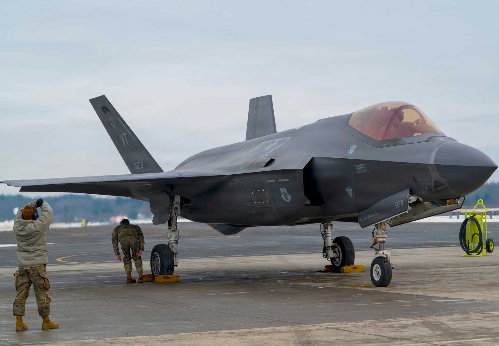An F-35A Lightning II from the 158th Fighter Wing, Burlington Air National Guard Base, VT, lands at the 104th Fighter Wing, December 6, 2025
