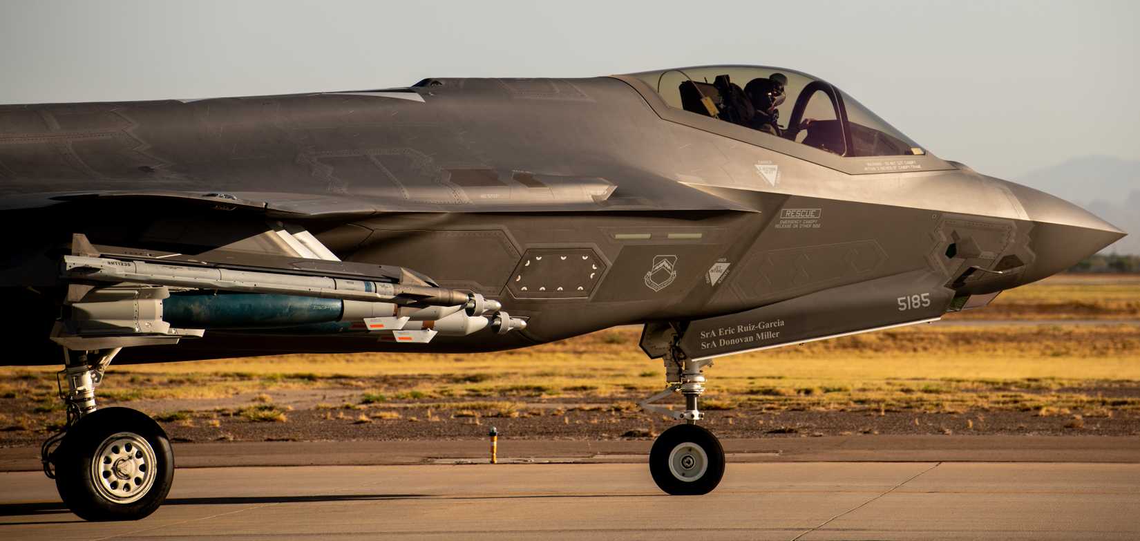 An F-35A Lightning II taxis down the flightline in a Beast Mode weapons configuration July 22, 2020, at Luke Air Force Base