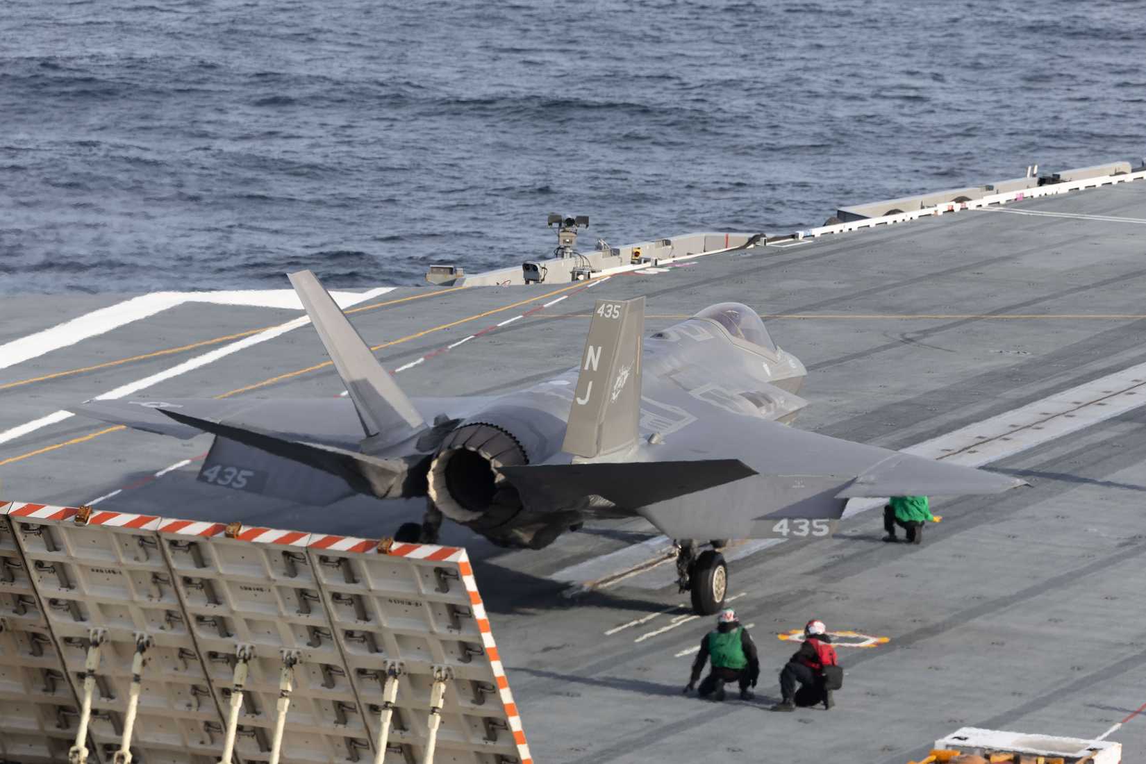 An F-35C Lightning II assigned to the “Rough Raiders” of Strike Fighter Squadron (VFA 125) prepares to take off the flight deck
