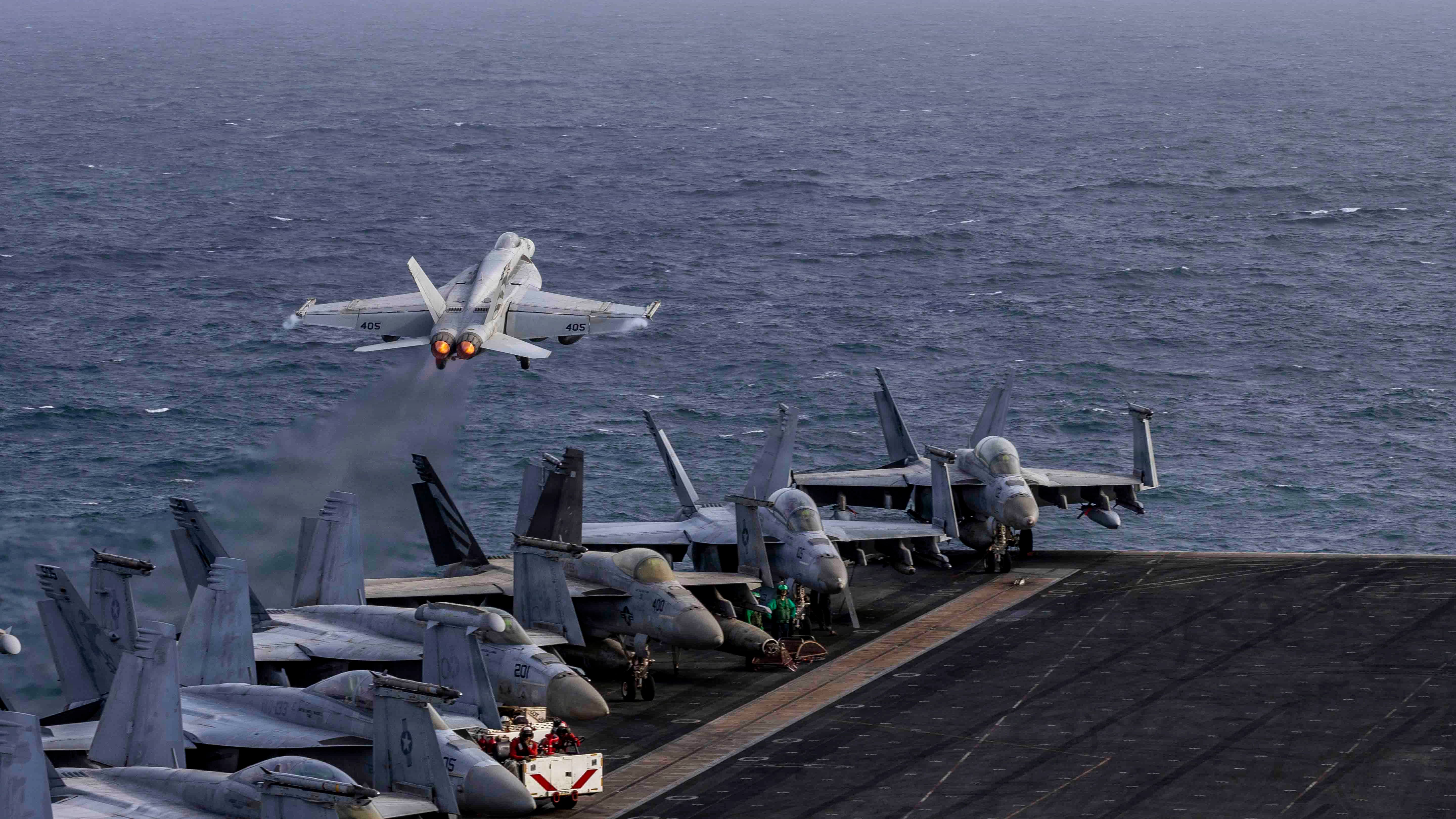 U.S. Navy F/A-18E Super Hornet launching from USS Abraham Lincoln.