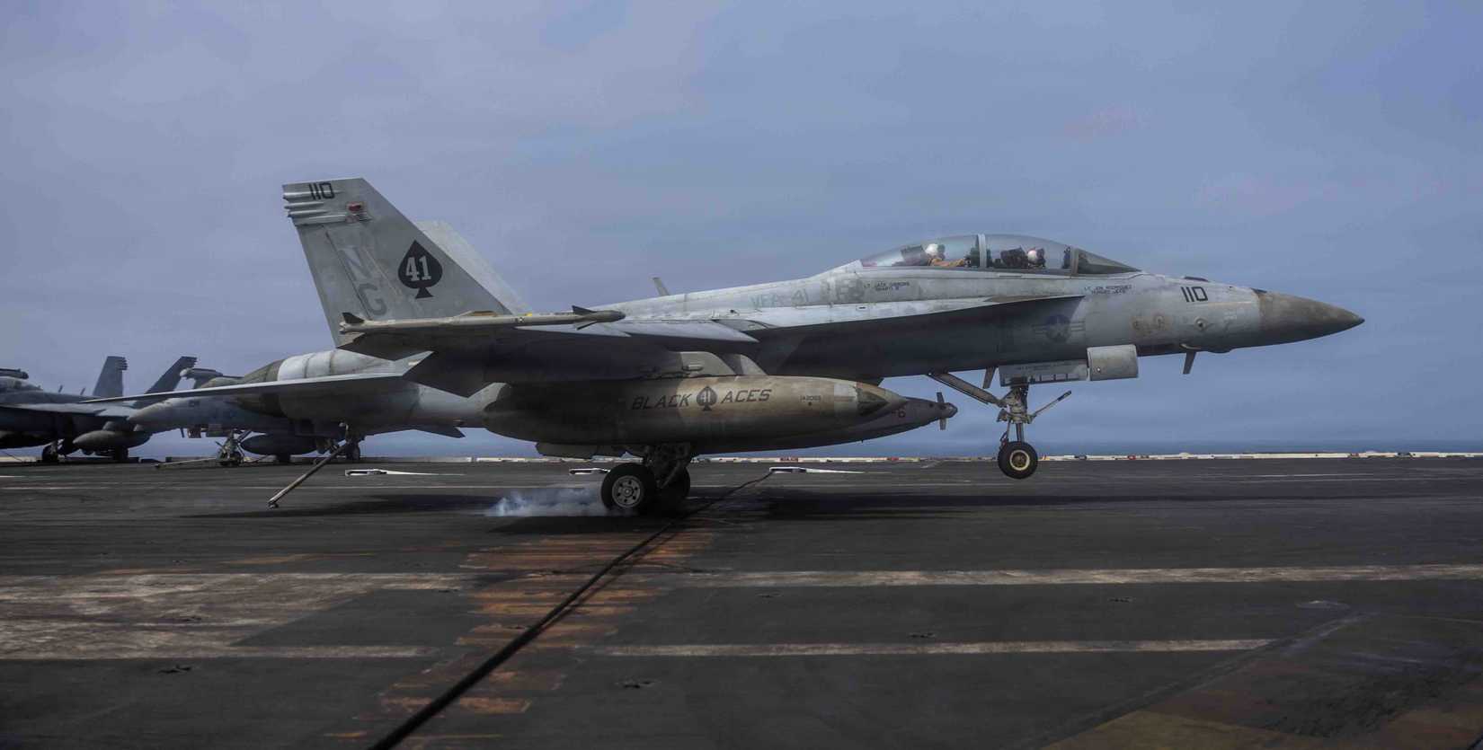 An F⁄A-18F Super Hornet, attached to Strike Fighter Squadron (VFA) 41, makes an arrested landing on the flight deck