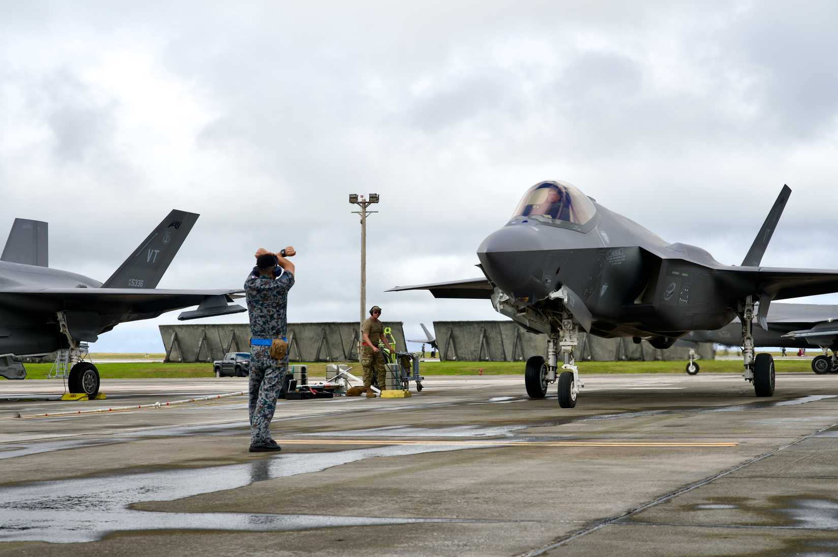apan Air Self-Defense Force Tech. Sgt. Shoi Semba recovers a U.S. Air Force F-35A Lightning II from the 158th Fighter Wing during Cope North 2025, Feb. 9, 2025.